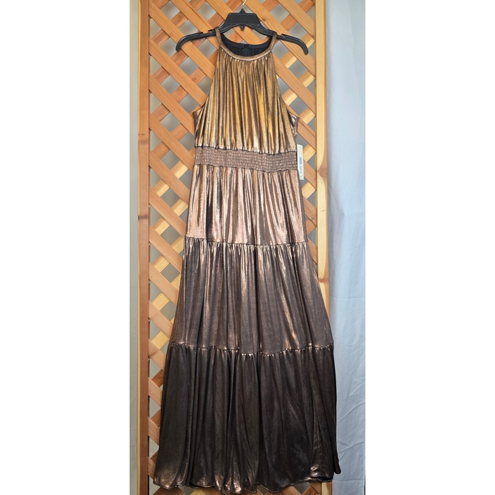 Eliza J Metallic Tiered Halter Maxi Dress Womens 12 Bronze EJ2M0677 - NEW